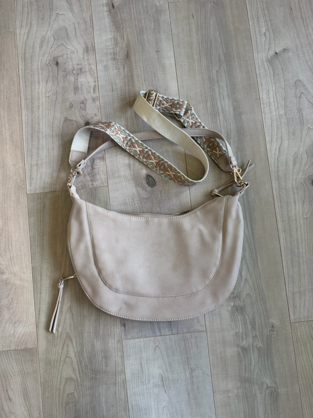 Vici Beige Shoulder Bag with Embroidered Strap